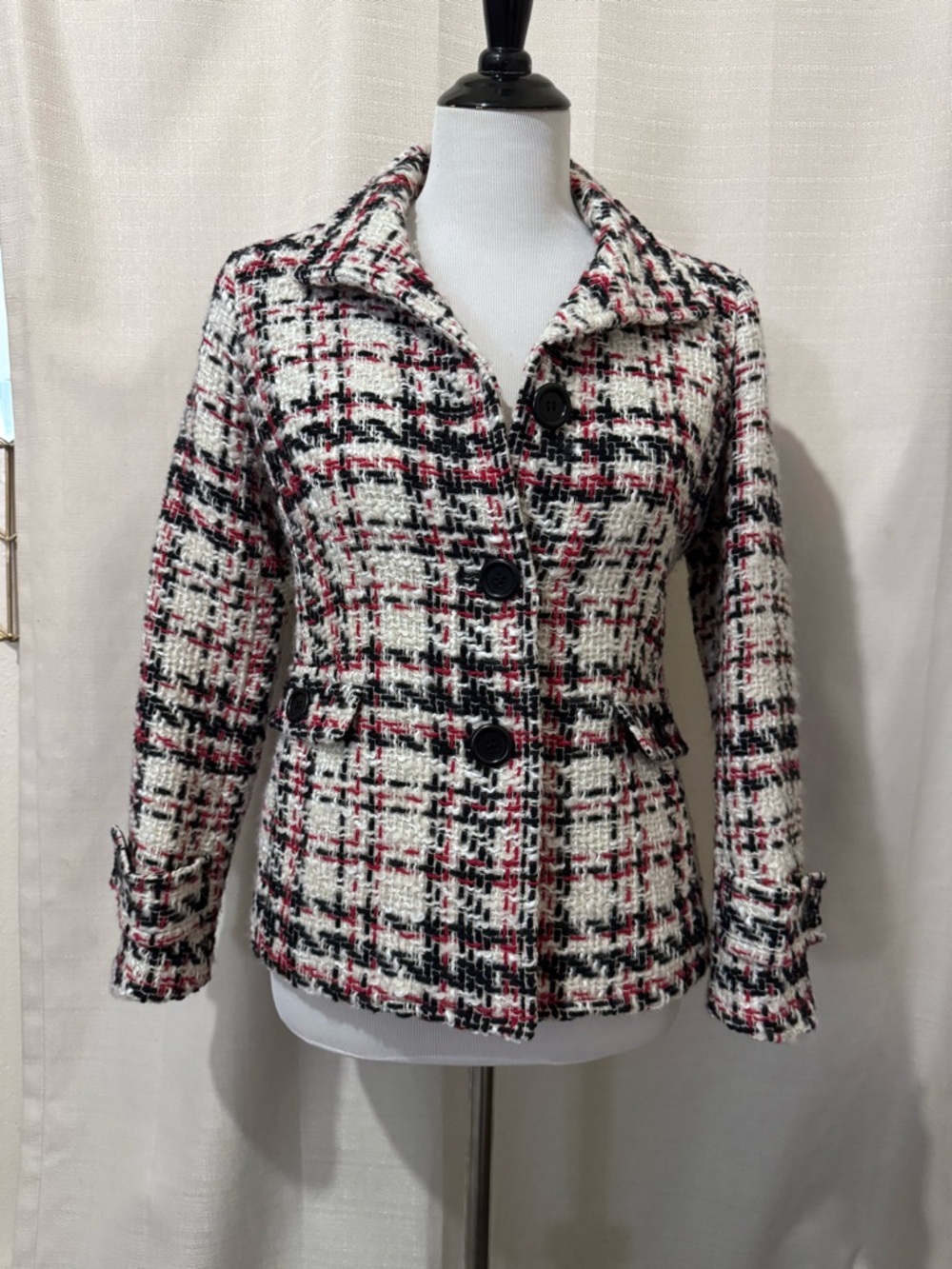 Talbots Petites Tweed Blazer Jacket Black White Red Button Front Size 4P